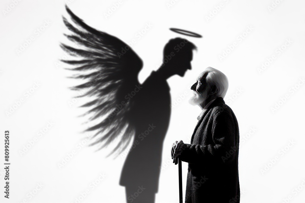 old man with his shadow as an angel silhouette isolated on white ...
