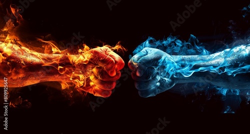 Two fists made of fire and ice facing thunderbolt Lightning Red other on a white background, photo