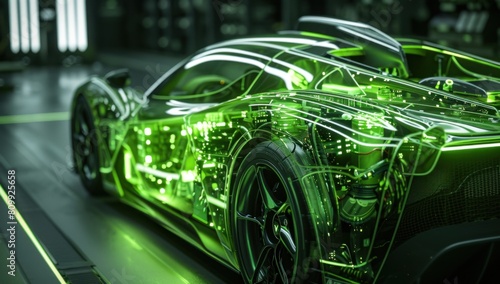 Highlight the hypercar's advanced technology with a close-up of its intricate components, gleaming under the bright green light. photo