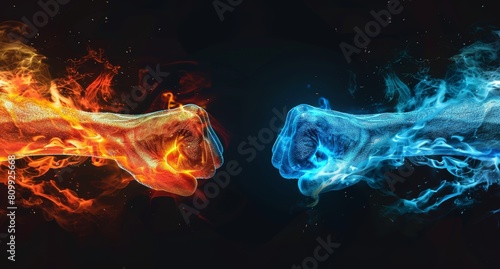 Two fists made of fire and ice facing thunderbolt Lightning Red other on a white background,