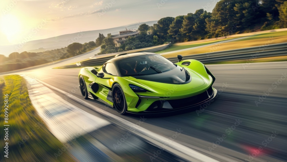Showcase the dynamic agility of the hypercar as it maneuvers effortlessly, a symphony of power and grace against the vivid green backdrop.