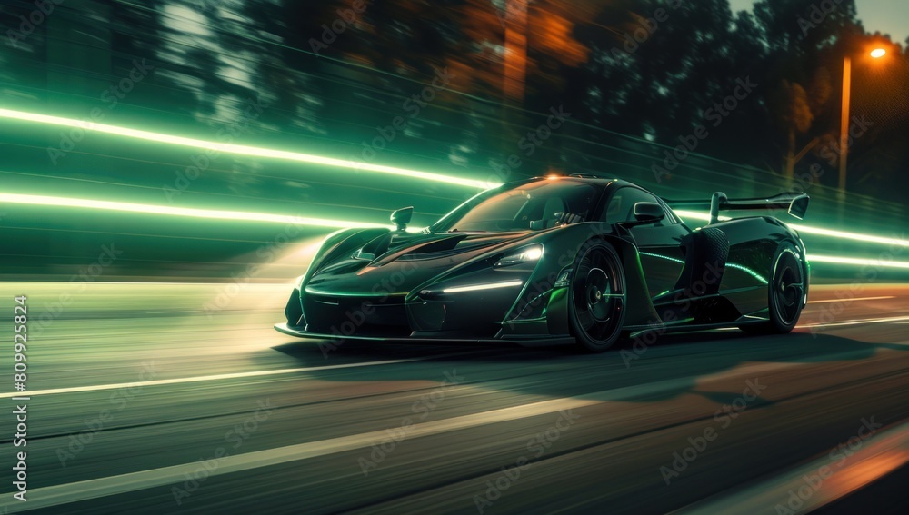 Showcase the dynamic agility of the hypercar as it maneuvers effortlessly, a symphony of power and grace against the vivid green backdrop.