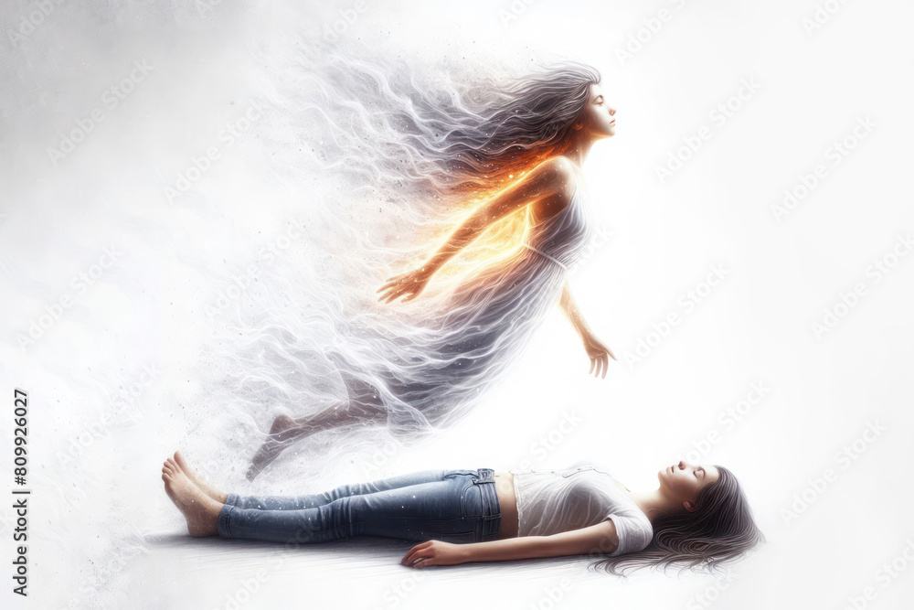 Naklejka premium The spirit leaves the body, the girl lies and her spirit rises from her on a white background