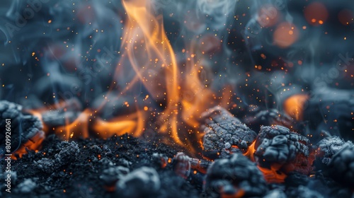 Intense close-up of burning embers and flames with sparks, showcasing the raw power and beauty of fire in nature