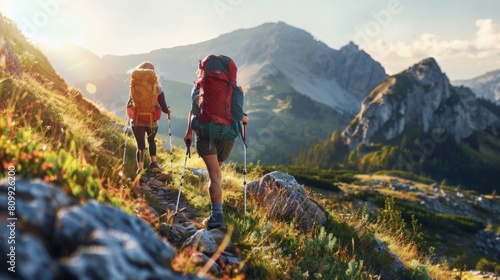 Two individuals with backpacks trekking up a mountain trail. © Prostock-studio
