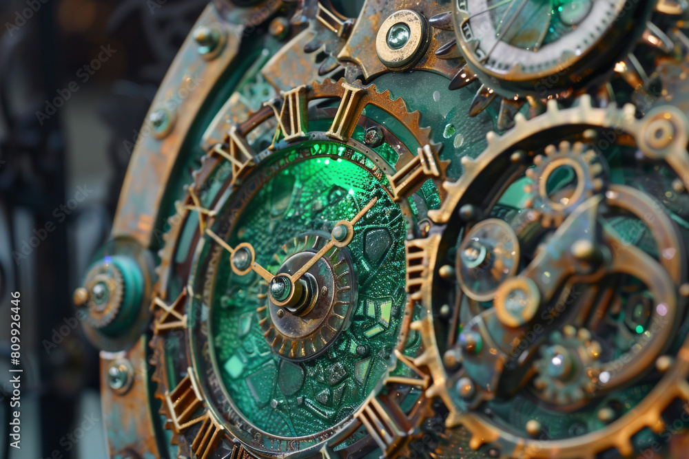 Intricate gears of a steampunk clock powered by green energy symbolizing innovation and sustainability 