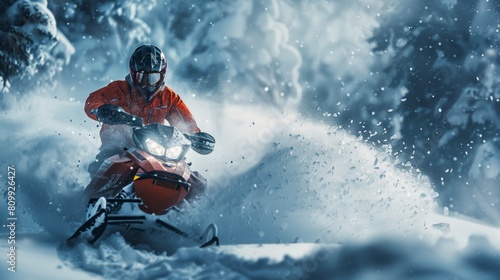 Snowmobile adventure in a winter wonderland capturing a high-speed ride through the snowy landscape © lemoncraft