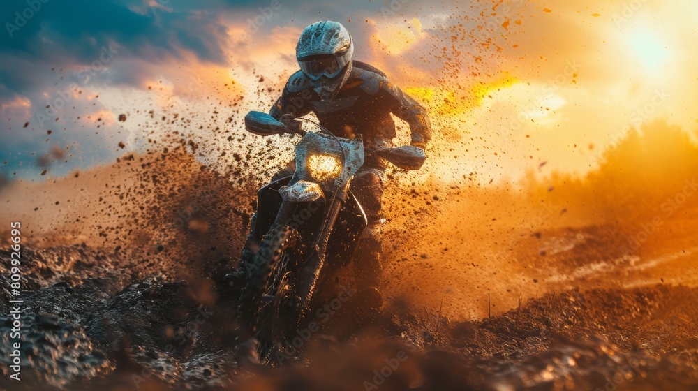 Intense motocross action at sunset with a rider splashing mud under a dramatic sky, showcasing speed and adventure