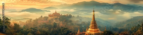 Majestic Golden Temple Spires Amid Misty Mountain Peaks in Thailand s Iconic Wat Phra That Doi