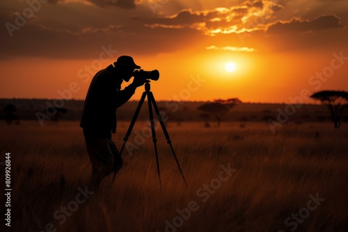 Photographer stands with a tripod and camera, silhouetted against a vibrant sunset in the african savannah