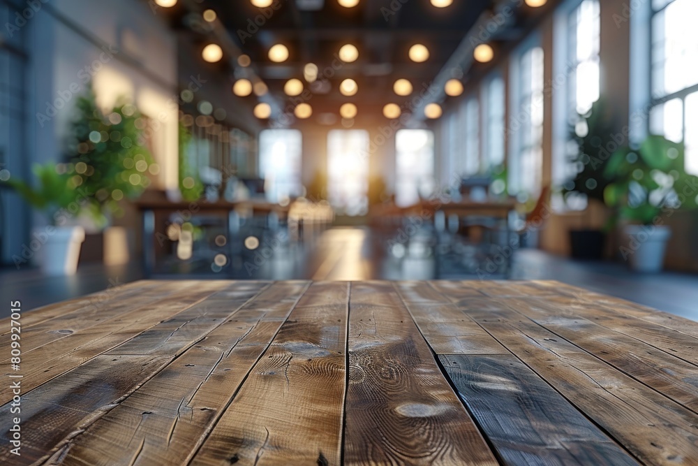 Polished wooden table creates a leading perspective in a spacious, well-lit event venue with large windows Polished wooden table creates a leading perspective in a spacious, well-lit event venue with large windows