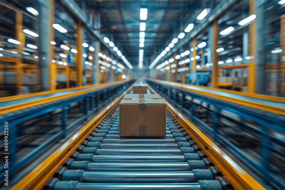 A cardboard box travels along a conveyor belt surrounded by the structured lines and vibrant colors of a distribution setup A cardboard box travels along a conveyor belt surrounded by the structured lines and vibrant colors of a distribution setup