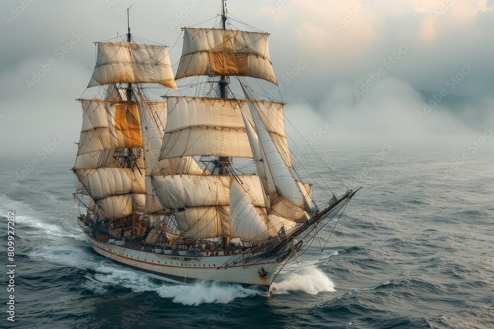 Classic tall ship with full sails braving the misty ocean against a mountain backdrop, evoking a sense of adventure Classic tall ship with full sails braving the misty ocean against a mountain backdrop, evoking a sense of adventure