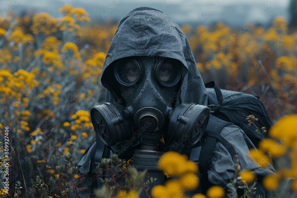 A photographer blending with nature, covered in water droplets amidst a vibrant field of yellow flowers, suggesting a serene yet adventurous spirit A photographer blending with nature, covered in water droplets amidst a vibrant field of yellow flowers, suggesting a serene yet adventurous spirit