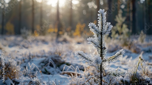 A young pine sapling dusted with snow on a frosty morning in a forest. Ratio