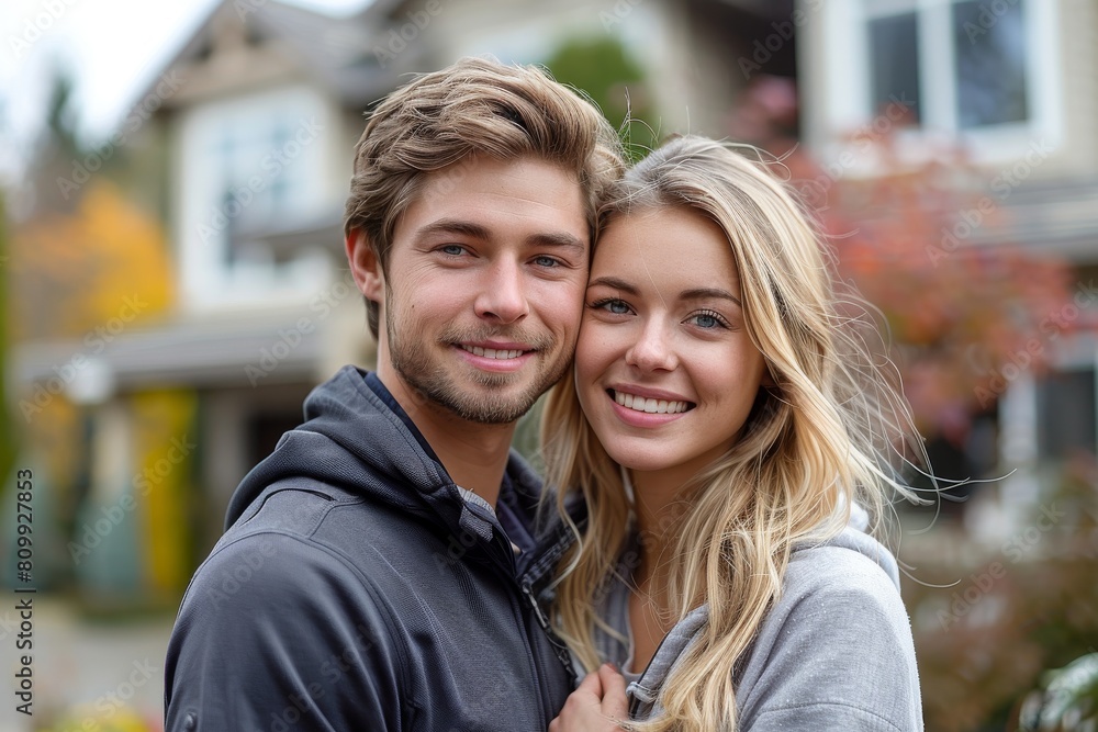 A young, attractive couple smiles brightly in front of a home, giving a sense of warmth and happiness A young, attractive couple smiles brightly in front of a home, giving a sense of warmth and happiness