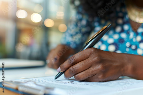 Close-up of a Afro-American person hand  with diverse background signing a legal document, a symbolic representation of inclusive work environments #809927849