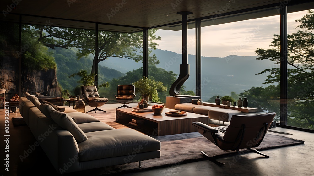 Floor-to-ceiling glass walls for panoramic views.