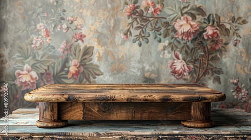 Antique wooden podium against a backdrop of softly faded chintz wallpaper, perfect for highlighting vintageinspired products photo