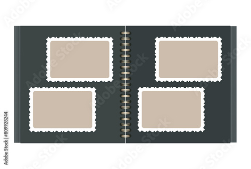 Black open photo album with 4 empty photo frames with patterned border. Horizontal Ornamental decorative cards for holiday design. Book on golden spirals. Blank template.Vector realistic Mockup.EPS10.