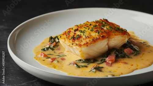 Deliciously seared cod fillet with chard, creamy sauce, and authentic dalmatian prosciutto on a pristine white plate