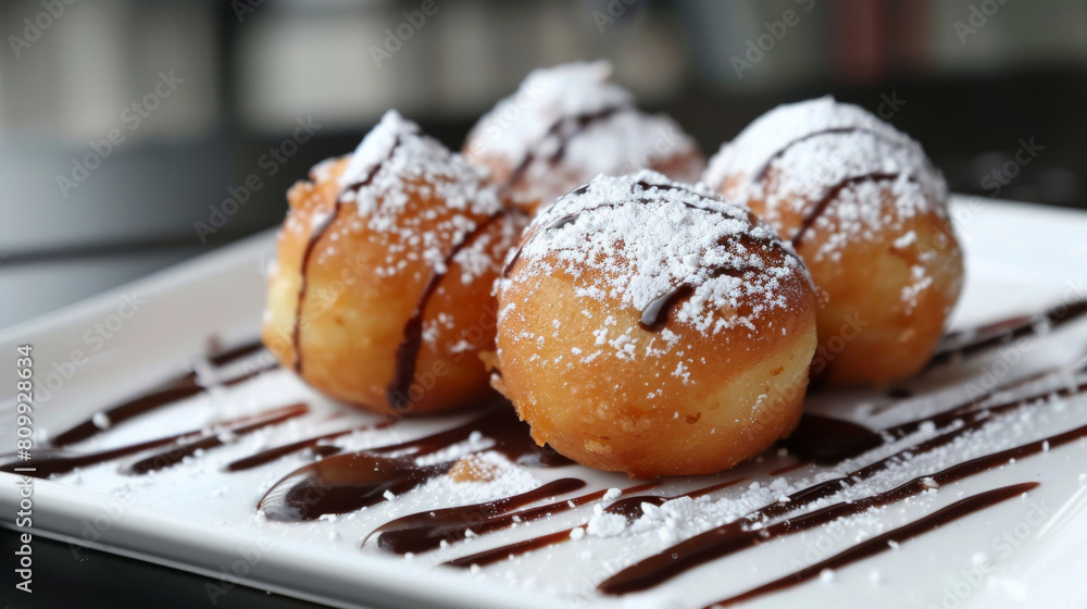 Croatian fritule: delicious festive pastries with powdered sugar and chocolate sauce on a white plate Croatian fritule: delicious festive pastries with powdered sugar and chocolate sauce on a white plate