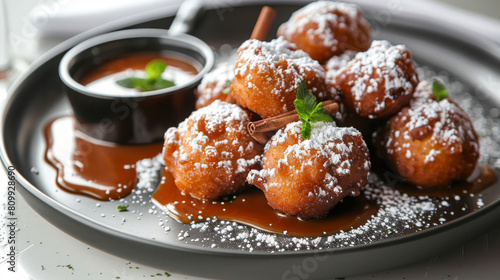 Traditional croatian fritule served with powdered sugar  chocolate sauce  and fresh mint on a black plate