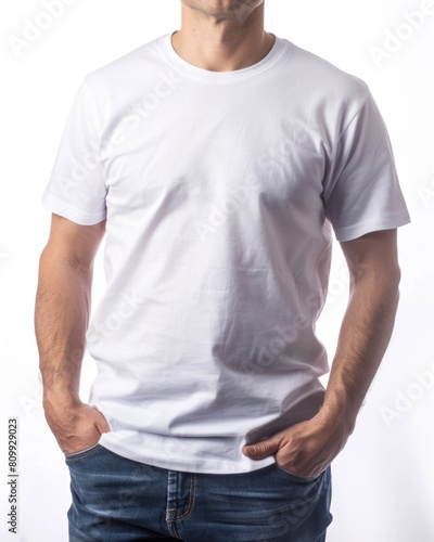 T-Shirt White Background. Front View Blank Tee-Shirt Mockup Design Template