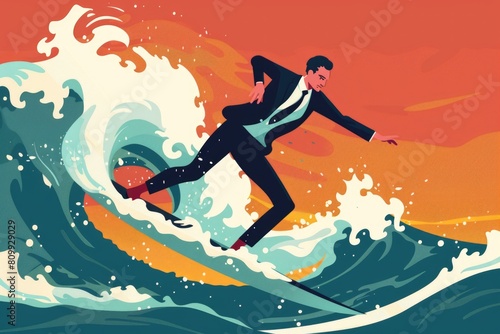 A man in a suit surfing a wave. Suitable for business and adventure concepts