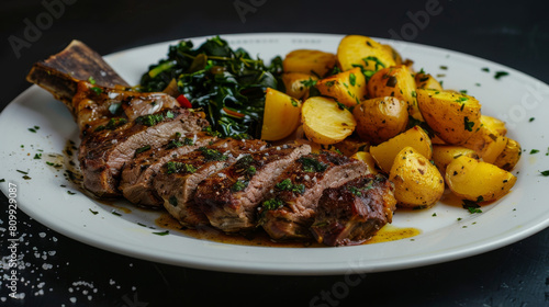 Grilled lamb chop with roasted potatoes and sautéed swiss chard, a delicious example of croatian cuisine on a white plate