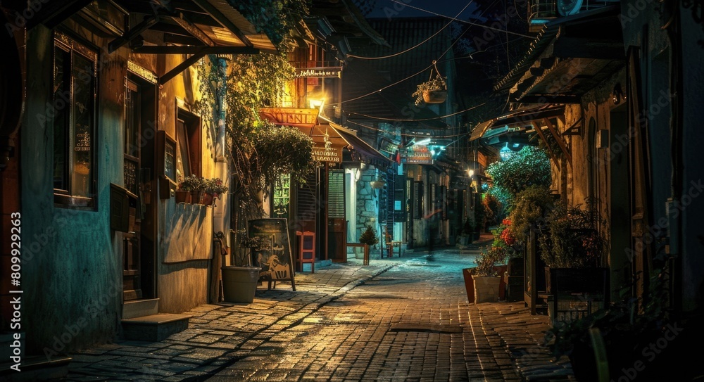 Street at Night in a Small Balkan Town. Architecture Concept with Outdoor Walker