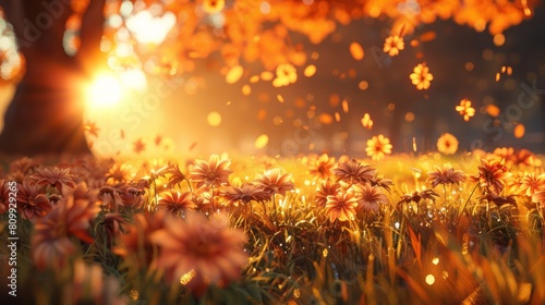 Golden hour illuminates a field of blooming orange flowers creating a serene and picturesque scene © lemoncraft