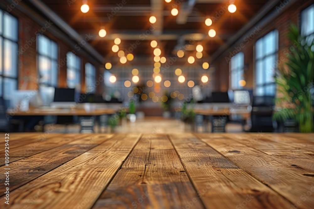 Blurry perspective of a modern office highlighting the texture of a wooden surface against an office background Blurry perspective of a modern office highlighting the texture of a wooden surface against an office background