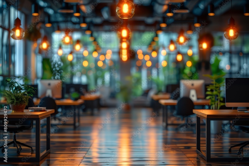 Contemporary office environment with lush plants adding a touch of nature, accented by string lights