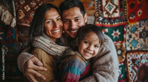 Happy Family Embracing in Warm Clothes with Rustic Background for Lifestyle and Family Bonding Themes