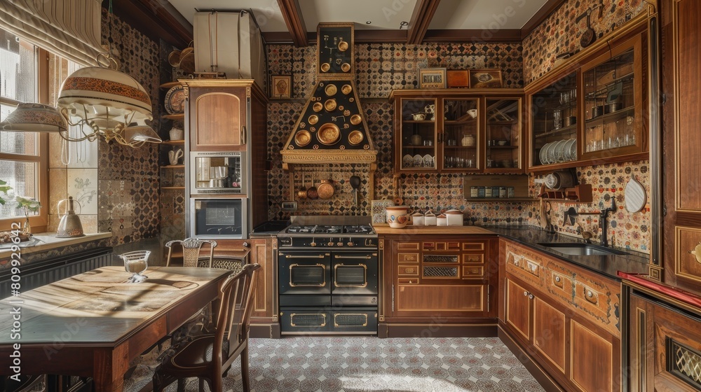 Traditional kitchen with detailed wooden cabinetry and classic design, suitable for home renovation ads