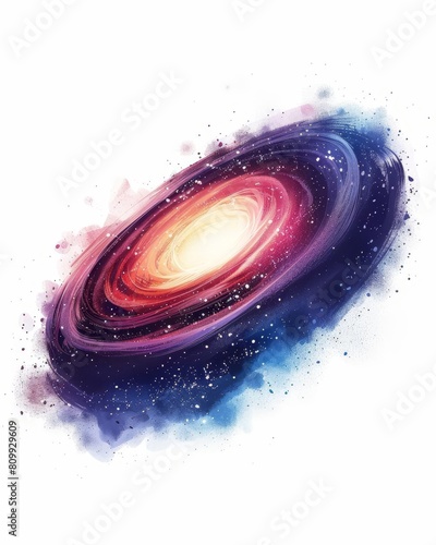 An abstract painting of a spiral galaxy, with bright swirling arms and a bright center. The painting is done in a watercolor style, with a white background.