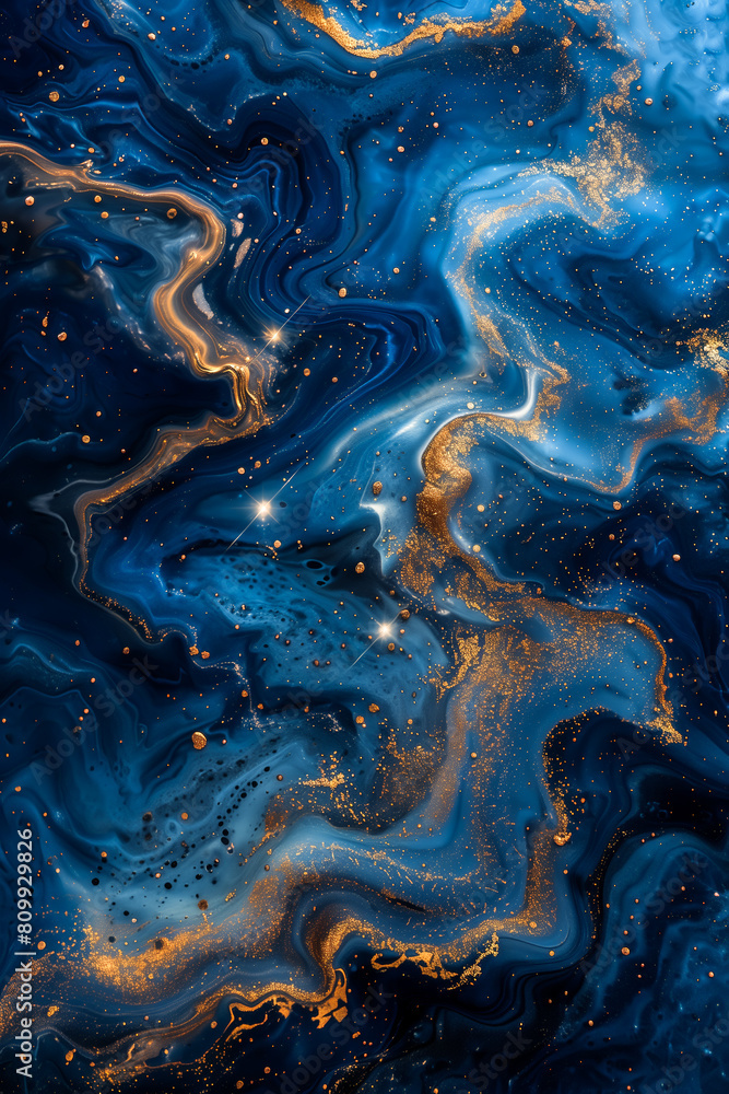 Golden flecks dance in the undulating blues of an abstract oceanic expanse - Generative AI Golden flecks dance in the undulating blues of an abstract oceanic expanse - Generative AI