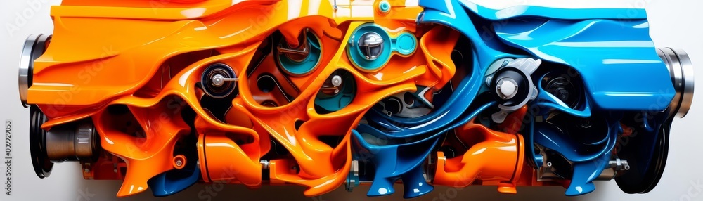 An abstract painting with bright orange and blue colors. The painting has a futuristic and technological feel to it, with lots of sharp angles and geometric shapes. An abstract painting with bright orange and blue colors. The painting has a futuristic and technological feel to it, with lots of sharp angles and geometric shapes.