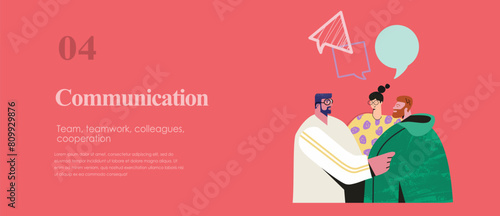 Teamwork. Vector illustration of a diverse team engaging in a discussion, depicted with speech bubbles against a vivid red background. Perfect for themes of communication and teamwork