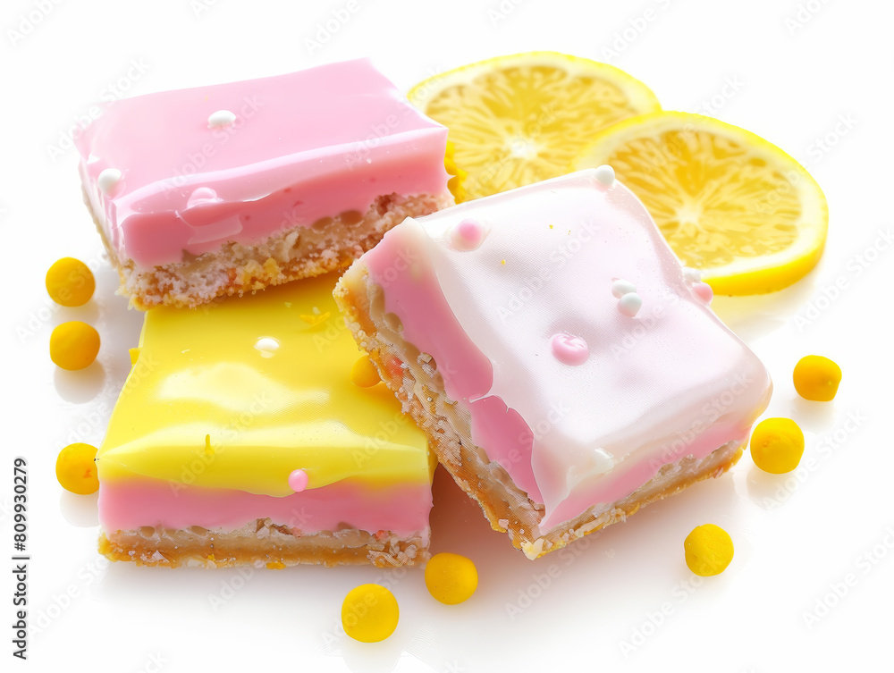 Three different colored cakes with a lemon slice on top Three different colored cakes with a lemon slice on top