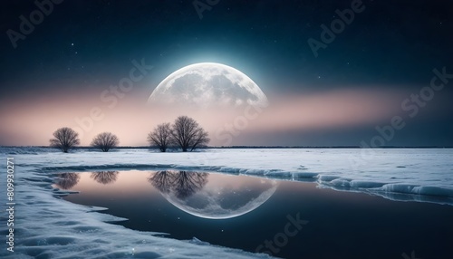 Night fantasy starry sky Reflection of moonlight on ice create with ai photo