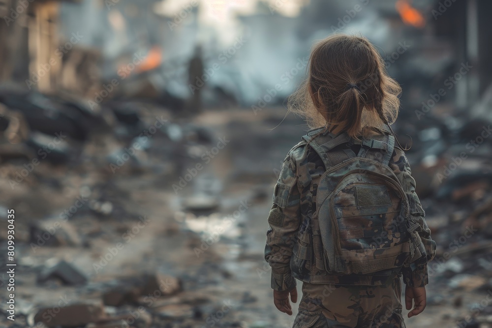 A little girl stands facing the aftermath of war, symbolizing hope amidst chaos and destruction A little girl stands facing the aftermath of war, symbolizing hope amidst chaos and destruction