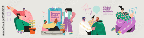 Digital business, social networks and instant messengers, using a smartphone, telephone and tablet, making a check mark and communication. Vector illustrations of modern bright trendy characters 