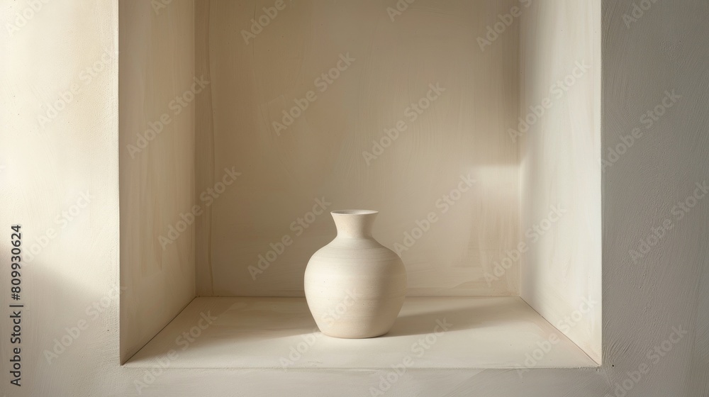 A simple vase in a minimalist white niche, exemplifying the beauty of simplicity in modern pottery design, ideal for advertising home decor and the art of ceramics. A simple vase in a minimalist white niche, exemplifying the beauty of simplicity in modern pottery design, ideal for advertising home decor and the art of ceramics.