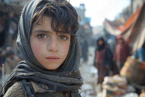 A curious young boy in torn clothing with striking blue eyes stands in a busy marketplace