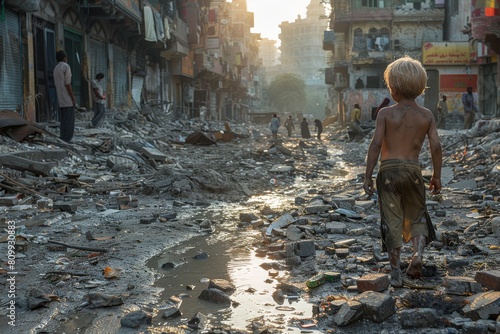 A young boy walks away from the camera through rubble and destruction, likely post-disaster or conflict photo
