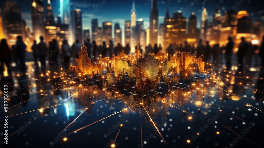 Illuminated Network Grid Over City Skyline: Conceptual Visualization of Global Connectivity