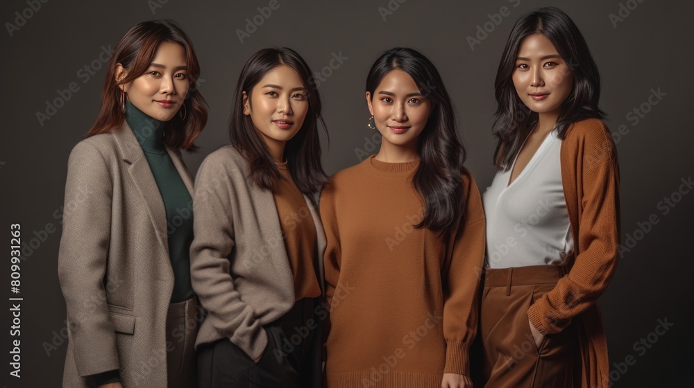 Elegant Asian Women in Stylish Autumn Outfits Posing Together in Studio Elegant Asian Women in Stylish Autumn Outfits Posing Together in Studio