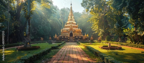 Golden Temple Amid Lush Garden in Tranquil Thai Landscape